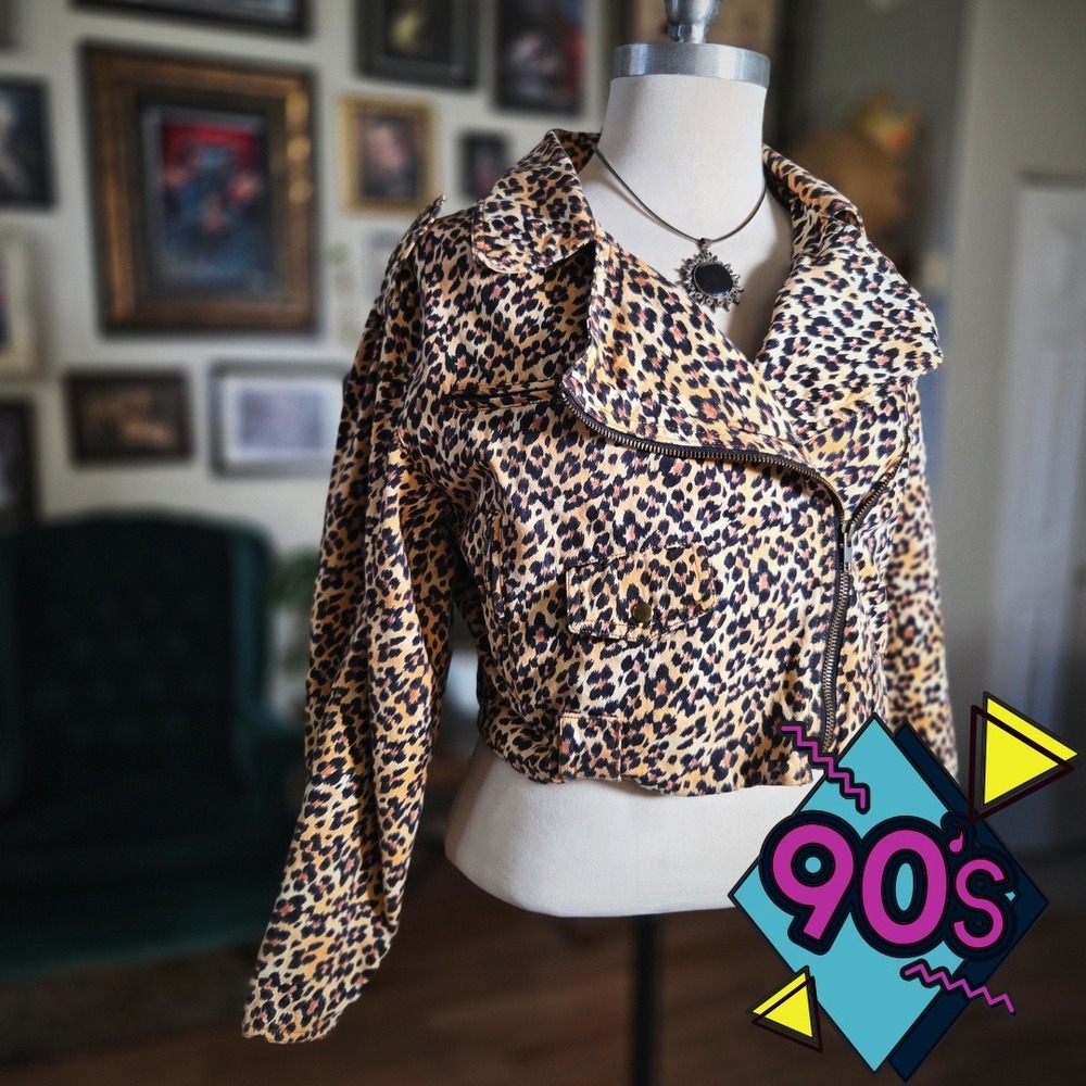 Vintage 90s Brett Harrison Leopard Print Cropped Zip Front Moto Jacket‎ Women's